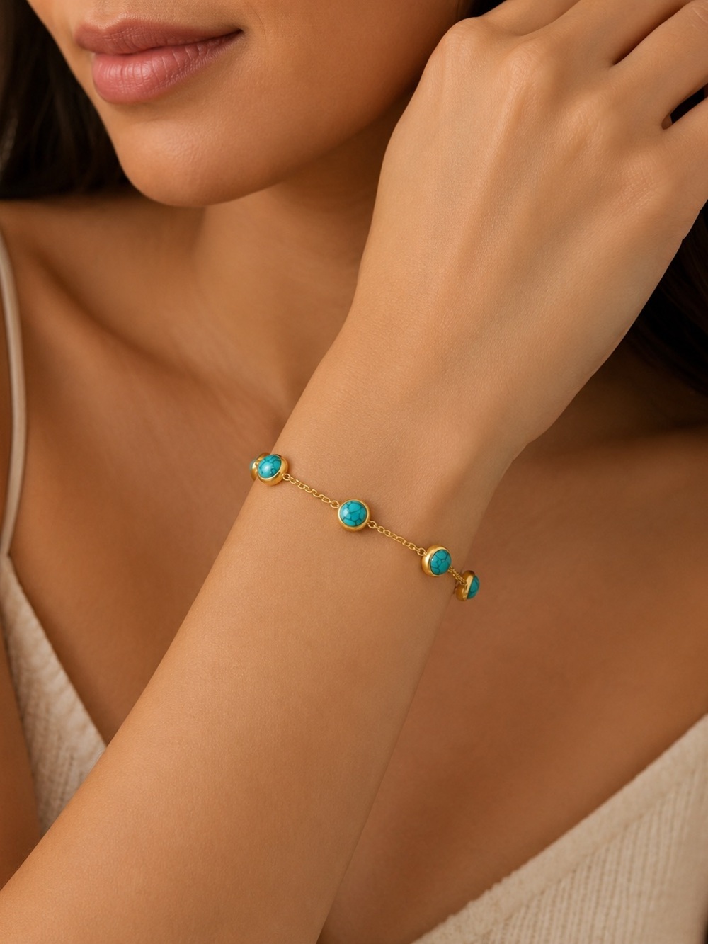 Turquoise Gemstone Gold Bracelet Dainty Boho Chic Adjustable Statement Jewelry